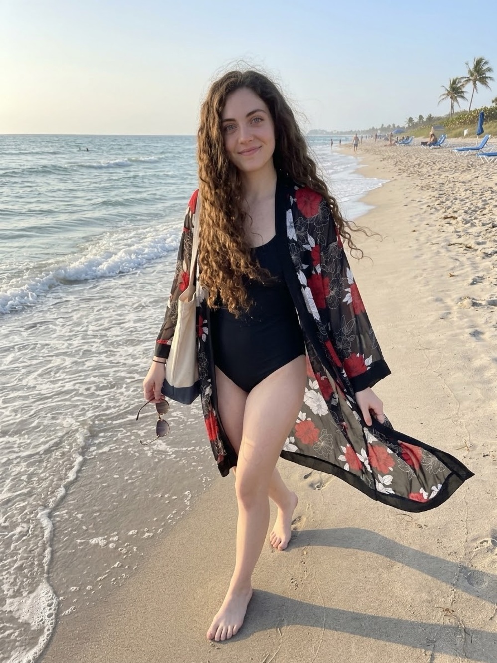 Ricki's Black Sheer Floral Kimono with Red & White Blooms